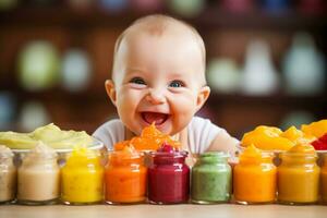 uma fechar-se foto do uma feliz bebê tentando uma variedade do colorida e nutritivo vegano e vegetariano purês