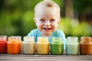 uma fechar-se foto do uma feliz bebê tentando uma variedade do colorida e nutritivo vegano e vegetariano purês