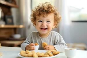 curioso pequeno 1 explora Novo sabores avidamente mordiscando em dedo alimentos com uma sorrir do puro deleite foto