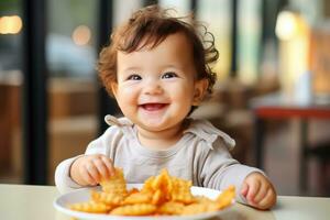 curioso pequeno 1 explora Novo sabores avidamente mordiscando em dedo alimentos com uma sorrir do puro deleite foto