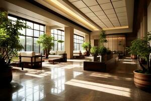 hotel lobby com japonês estilo mobília profissional fotografia ai gerado foto