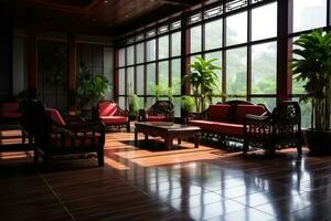 hotel lobby com chinês estilo mobília profissional fotografia ai gerado foto