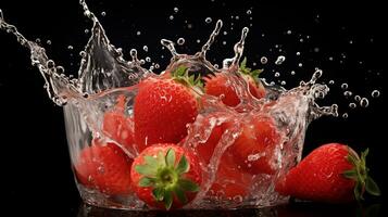 fresco suculento morango fruta com água respingo isolado em fundo, saudável fruta foto