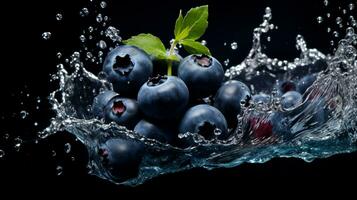 fresco suculento mirtilo fruta com água respingo isolado em fundo, saudável fruta foto
