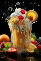 milkshake dentro uma Claro vidro do fruta dentro a fundo com leite salpicos e gotas foto