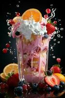 milkshake dentro uma Claro vidro do fruta dentro a fundo com leite salpicos e gotas foto