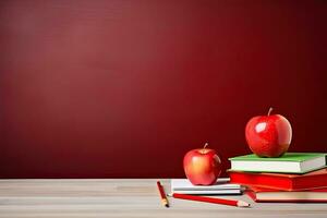 costas para escola conceito com livros, lápis e maçã em de madeira mesa. generativo ai foto