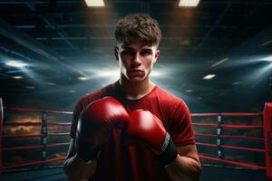 profissional boxer posando com dele luvas em dentro a boxe anel foto