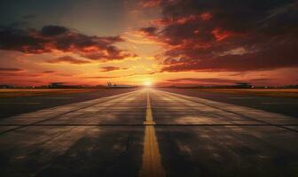 a pôr do sol com a aeroporto pista dentro a distância foto