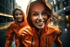 fêmea atletas levando uma rápido correr dentro a chuva foto