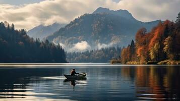 a velho homem é pescaria enquanto sentado dentro uma barco dentro a meio do uma lago foto