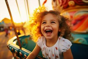 fofa pequeno menina rindo às carnaval passeio foto