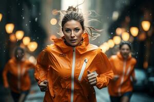 fêmea atletas levando uma rápido correr dentro a chuva foto