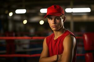 jovem homem dentro vermelho beisebol boné dentro uma boxe anel foto