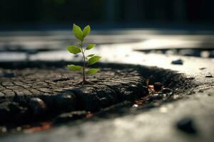 pequeno plantar crescimento através asfalto. luta para sobrevivência conceito. generativo ai foto