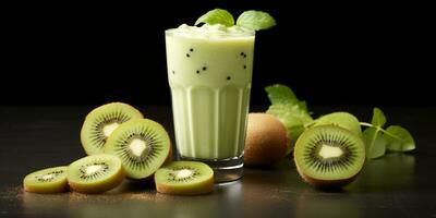 fechar acima do fresco kiwi suco com frutas em mesa, isolado em branco fundo, ai gerado foto