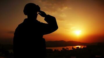 silhueta do uma soldado saudando a Sol dentro uma lindo pôr do sol ai gerado foto