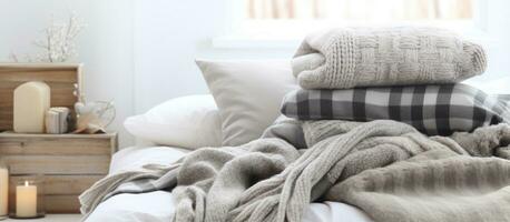 cinzento roupa de cama pilha com casa placa e suave almofadas e cobertor têxtil conceito foto