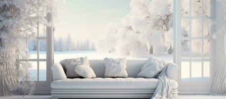 escandinavo interior Projeto com uma elegante branco quarto sofá e invernal Visão a partir de a janela dentro uma ilustração foto