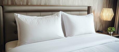hotel quarto com uma branco travesseiro em a cama criando uma confortável interior decoração foto