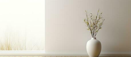 minimalista branco quarto com decoração em parede vaso em chão e janela mostrando branco panorama nórdico casa interior foto