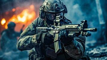 especial forças soldado com noite visão e suprimido rifle ai gerado foto