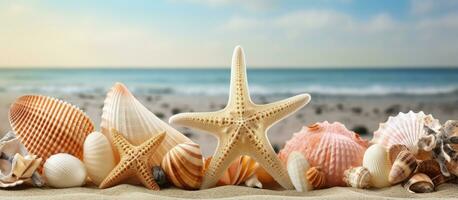 exibição do conchas do mar e estrelas do mar dentro costeiro período de férias casa foto