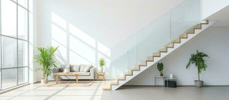 moderno casa com branco paredes tem uma espaçoso quarto com uma escada este conduz para uma vidro porta vivo quarto foto