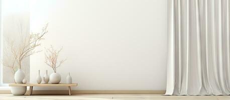 minimalista branco quarto com cômoda de madeira chão decoração em parede janela com cortinas e nórdico interior foto