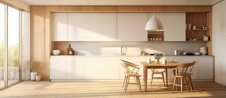 visualização do uma adorável cozinha com caloroso iluminação foto