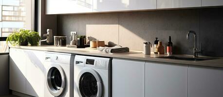 moderno fornos bancada com Pia branco armários à moda cozinha luz solar contemporâneo apartamento foto