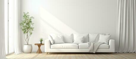 minimalista branco vivo quarto com de madeira chão quadros em uma ampla parede e uma branco panorama visto através uma janela com cortinas nórdico estilo casa interior representação foto
