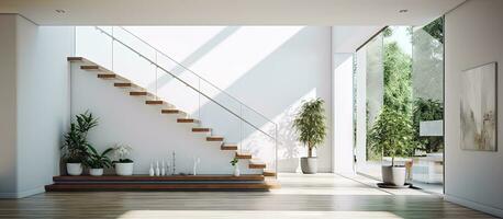 uma moderno casa com branco paredes tem uma Escadaria dentro uma espaçoso corredor este conduz para uma vidro porta foto