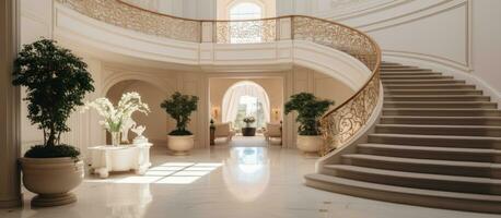 Califórnia 4 pode 2021 elegante iluminado escada dentro espaçoso mansão com moderno Projeto à moda grade e brilhante elementos crio uma luxuoso interior foto