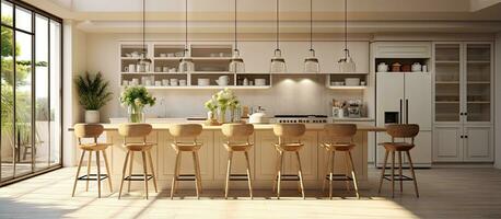 visualização do uma adorável cozinha com caloroso iluminação foto