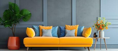 contemporâneo vivo quarto com moderno sofá e almofadas para interior Projeto decoração foto