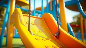 uma fechar-se foto do uma amarelo balanço com buracos para pernas dentro Parque infantil ai generativo