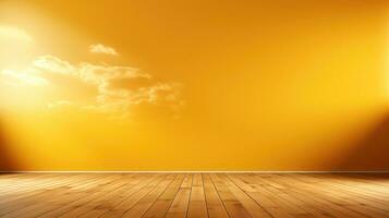 ensolarado amarelo fundo com de madeira chão uma caloroso e otimista Projeto foto