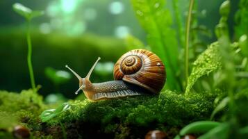 Caracol rastejando em uma verde fundo ai generativo foto