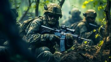 floresta guerra quão uma equipe do comandos mira seus rifles dentro uma batalha ai gerado foto