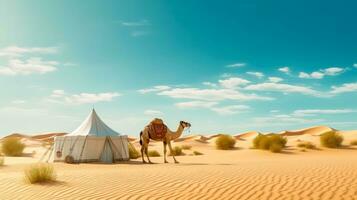 sereno deserto cena com camelo e branco barraca minimalista deserto beleza dentro areia dunas ai gerado foto