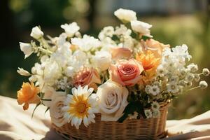 lindo cesta do flor, cópia de espaço, isolar conceito dia dos namorados dia, mãe dia. feriado presente, ai gerado foto