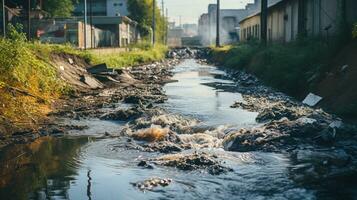 contaminado água conceito, sujo água fluxos a partir de a tubo para dentro a rio, água poluição, meio Ambiente contaminação, ai generativo foto