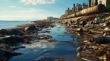 contaminado água conceito, sujo água fluxos a partir de a tubo para dentro a rio, mar, água poluição, meio Ambiente contaminação, ai generativo foto