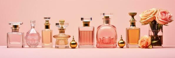 grupo do diferente perfume garrafas e amostrador em uma Rosa floral fundo. perfumaria coleção. gerador ai foto