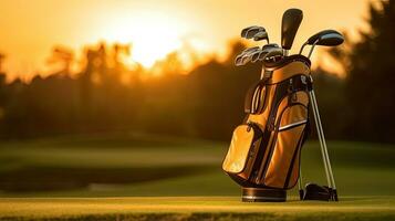 golfe clube saco para jogador de golfe Treinamento e jogar dentro jogos com golfe curso fundo às pôr do sol. jogador de golfe. generativo ai foto