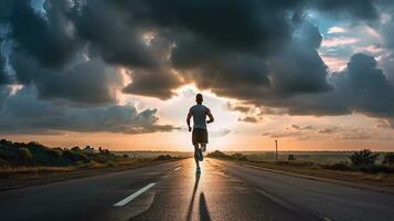 costas Visão do Atlético masculino corredor em asfalto estrada com nuvens dentro céu às nascer do sol. conceito caminho para sucesso. generativo ai foto