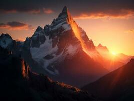 montanha pôr do sol tirar o fôlego natureza às crepúsculo, ai generativo foto
