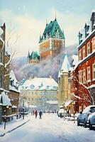 uma vibrante aguarela pintura capturando a charme do quebec cidade dentro inverno com coberto de neve ruas e histórico arquitetura foto