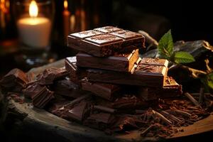 chocolate deleite embrulhado Barra em uma Sombrio de madeira pano de fundo, uma tentação ai gerado foto
